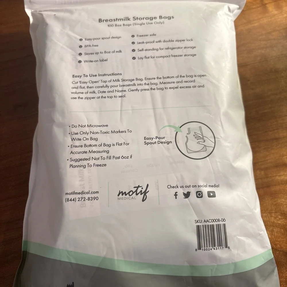 Motif Medical Breastmilk 8 oz Single Use Storage Bags BPA Free 100 count NEW
